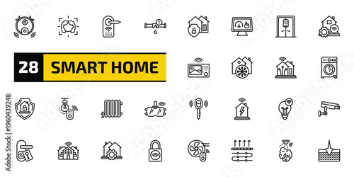 smart home outline icon set. 28 linear vector for ui, web and mobile. thin line robot vacuum cleaner, face scan, locking and more icons.