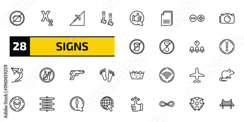signs outline icon set. 28 linear vector for ui, web and mobile. thin line no packing, subscript, slope and more icons.