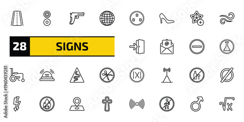 signs outline icon set. 28 linear vector for ui, web and mobile. thin line roads, reason, gun and more icons.