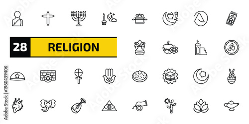 religion outline icon set. 28 linear vector for ui, web and mobile. thin line buddhist monk, cross, jewish candles and more icons.