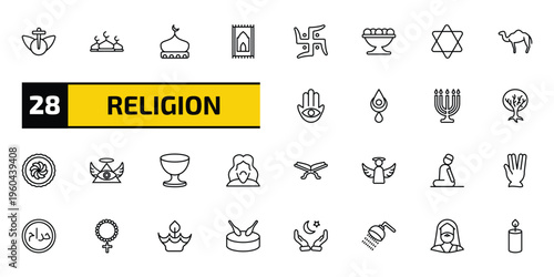 religion outline icon set. 28 linear vector for ui, web and mobile. thin line heresy, abrahamic, mosque domes and more icons.