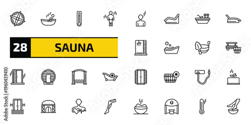 sauna outline icon set. 28 linear vector for ui, web and mobile. thin line regeneration, 2steam bath, core temperature and more icons.