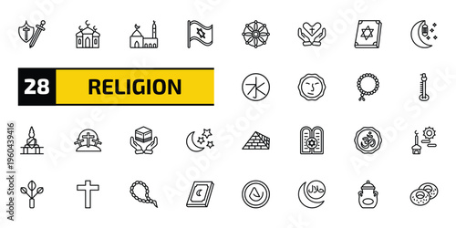 religion outline icon set. 28 linear vector for ui, web and mobile. thin line crusade, islamic mosque, medina and more icons.