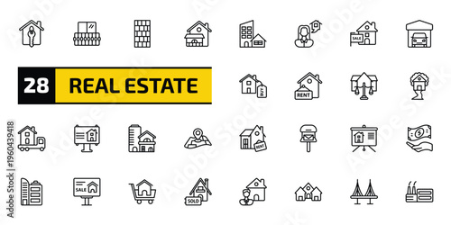 real estate outline icon set. 28 linear vector for ui, web and mobile. thin line house key, balcony, wall and more icons.