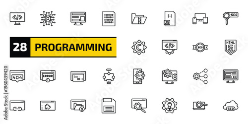 programming outline icon set. 28 linear vector for ui, web and mobile. thin line seo tags, microchip, program interface and more icons.