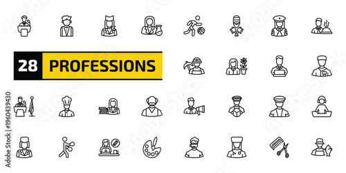 professions outline icon set. 28 linear vector for ui, web and mobile. thin line politician, butler, air hostess and more icons.