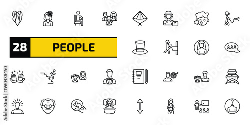people outline icon set. 28 linear vector for ui, web and mobile. thin line elegance, woman with flower, sit down and more icons.