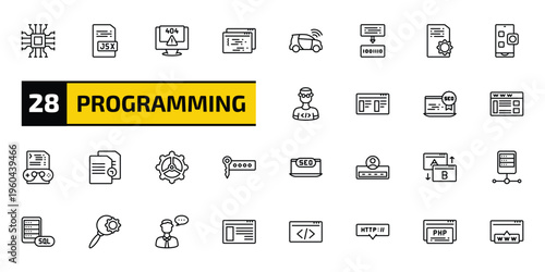 programming outline icon set. 28 linear vector for ui, web and mobile. thin line hardware, jsx, program error and more icons.