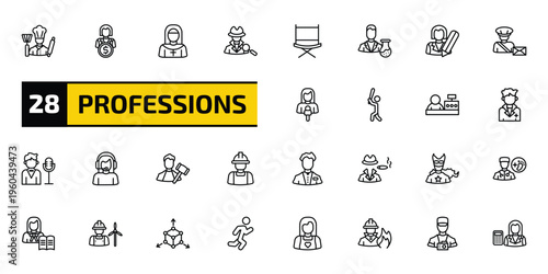 professions outline icon set. 28 linear vector for ui, web and mobile. thin line cooker, financial manager, nun and more icons.