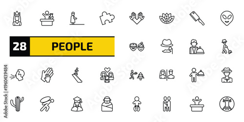 people outline icon set. 28 linear vector for ui, web and mobile. thin line princes, chemist working, qiyam and more icons.