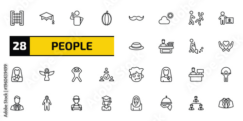 people outline icon set. 28 linear vector for ui, web and mobile. thin line matrix, students graduation hat, man talking with phone and more icons.