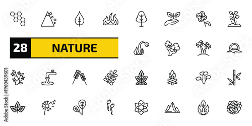 nature outline icon set. 28 linear vector for ui, web and mobile. thin line chemical structure, snowslide, nut leaf and more icons.