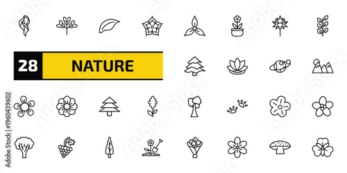 nature outline icon set. 28 linear vector for ui, web and mobile. thin line hair style, obcordate, element and more icons.