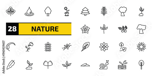 nature outline icon set. 28 linear vector for ui, web and mobile. thin line reniform, raindrop, american elm tree and more icons.