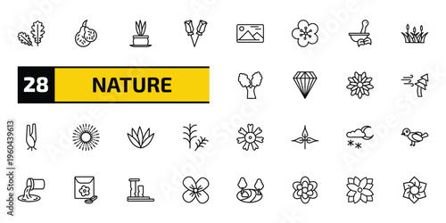 nature outline icon set. 28 linear vector for ui, web and mobile. thin line pedunculate, bergamot, flower pot and more icons.
