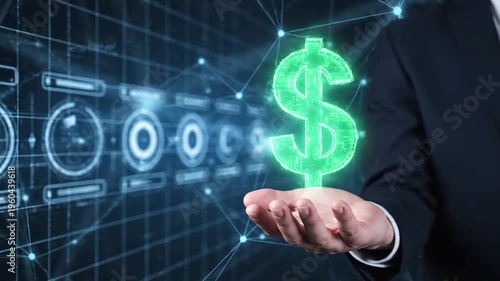 Man holding glowing dollar sign amidst digital financial symbols. Suitable for finance, investment, currency concepts in presentations, websites, and marketing.