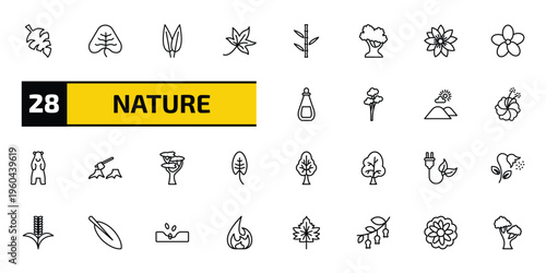 nature outline icon set. 28 linear vector for ui, web and mobile. thin line leaf monstera, cordate, lemon leaf and more icons.