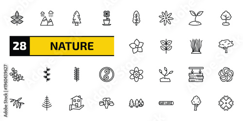 nature outline icon set. 28 linear vector for ui, web and mobile. thin line rowan leaf, rainy landscape, spruce and more icons.