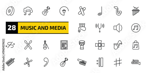 music and media outline icon set. 28 linear vector for ui, web and mobile. thin line cymbal, downloaded music cloud, ukelele and more icons.
