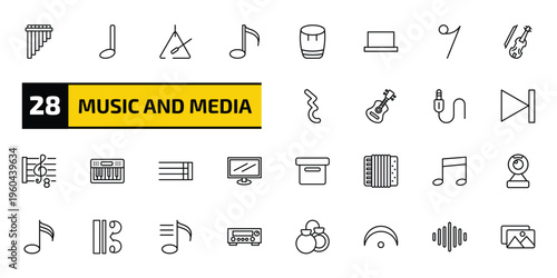 music and media outline icon set. 28 linear vector for ui, web and mobile. thin line panpipe, quarter note, music triangle and more icons.