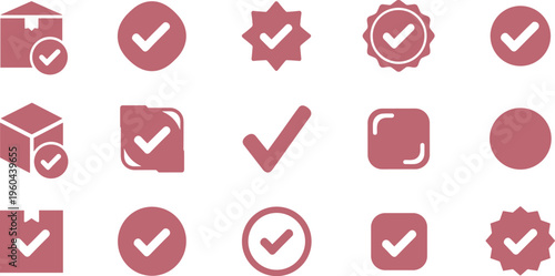 Checkmark approval icon set with boxes badges circles and verification symbols for quality control interface applications and websites