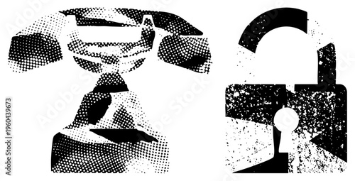 Retro rotary phone and unlocked padlock rendered in halftone dot, security and communication, vector graphic, black and white, isolated elements.