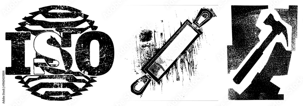Fototapeta premium ISO standard emblem with weathered typography, abstract concentric shapes, certification symbol, assurance, industrial compliance mark.