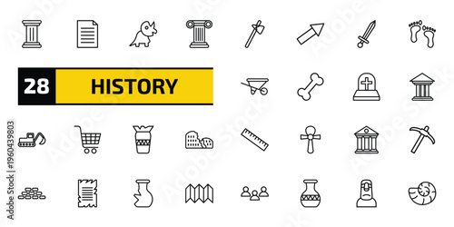 history outline icon set. 28 linear vector for ui, web and mobile. thin line pillars, paper, diaur and more icons.