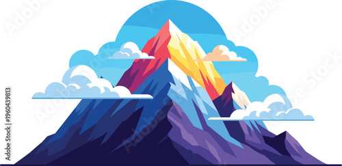 Colorful mountain landscape with geometric peaks and clouds, nature scenery and adventure concept flat vector illustration
