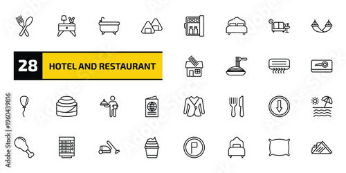 hotel and restaurant outline icon set. 28 linear vector for ui, web and mobile. thin line restaurant, nightstand, bathtub and more icons.