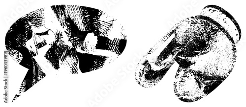 Retro boxing glove and speech bubble rendered in halftone style, graphic design element, black and white vector, vintage comic art, bold contrast shapes.