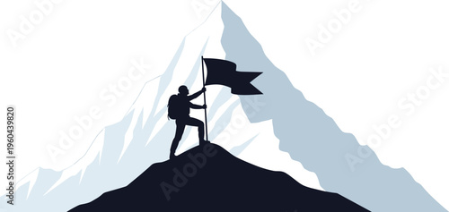 Success achievement concept with climber on mountain peak holding flag, goal accomplishment and leadership flat vector illustration