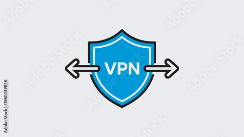 A blue shield with VPN text and arrows on either side represents secure online protection and privacy.