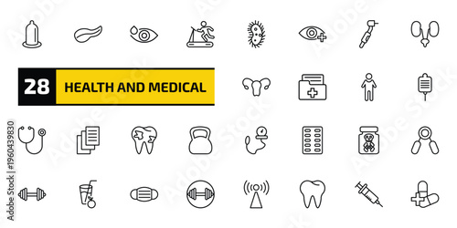 health and medical outline icon set. 28 linear vector for ui, web and mobile. thin line condom, pancreas, eye drops and more icons.