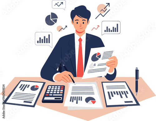 Business analyst working with financial reports and charts, data analysis and corporate strategy concept flat vector illustration