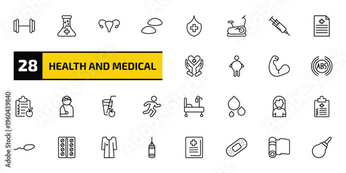 health and medical outline icon set. 28 linear vector for ui, web and mobile. thin line gym, medical substance, uterus and more icons.