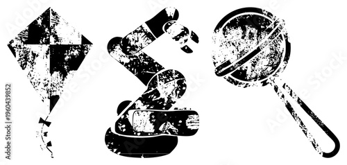 Distressed black and white vector kite with torn fabric texture, robotic arm with mechanical joints, lollipop with grunge splatter. Stylized toy and tech motifs for graphic design projects.