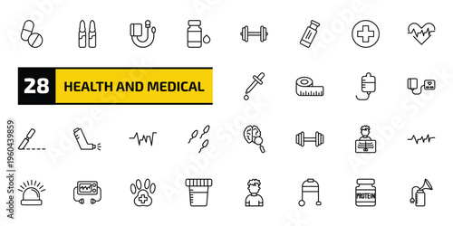 health and medical outline icon set. 28 linear vector for ui, web and mobile. thin line pills, ampoule, sphygmomanometer and more icons.