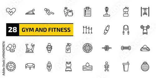 gym and fitness outline icon set. 28 linear vector for ui, web and mobile. thin line fitness heart, , abdominal exercises and more icons.