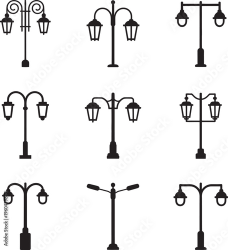 Set of vector silhouette designs featuring vintage chandeliers old fashioned lamps and decorative symbols in a simple black style