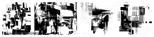 Fragmented abstract composition of black and white shapes, halftone textures, glitch art, digital noise, graphic design elements.
