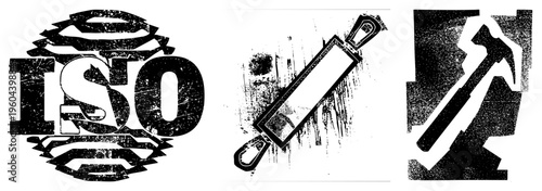 ISO standard emblem with weathered typography, abstract concentric shapes, certification symbol, assurance, industrial compliance mark.