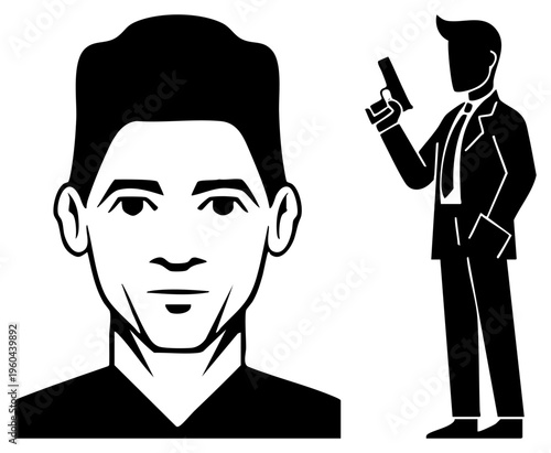 Stylized male figure holding pistol, suit silhouette, face close up, noir graphic, vector art, crime scene, law enforcement symbol.
