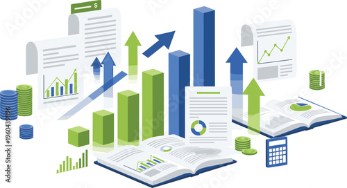 Financial growth analytics with charts reports and rising arrows, business data analysis and investment concept flat vector illustration