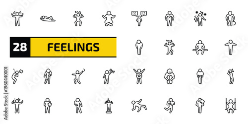 feelings outline icon set. 28 linear vector for ui, web and mobile. thin line amazed human, comfortable human, irritated human and more icons.