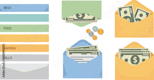 Personal finance envelopes for budgeting categories with cash money and savings, expense management system flat vector illustration