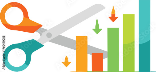 Cost cutting concept with scissors reducing financial chart bars, business expense management and budget optimization flat vector illustration
