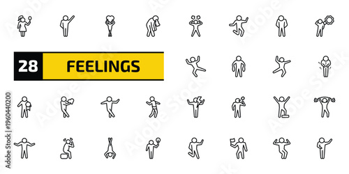 feelings outline icon set. 28 linear vector for ui, web and mobile. thin line pretty human, determined human, in love human and more icons.