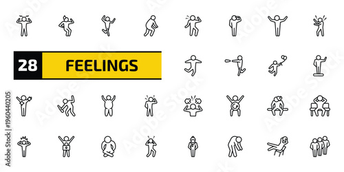 feelings outline icon set. 28 linear vector for ui, web and mobile. thin line aggravated human, anxious human, silly human and more icons.