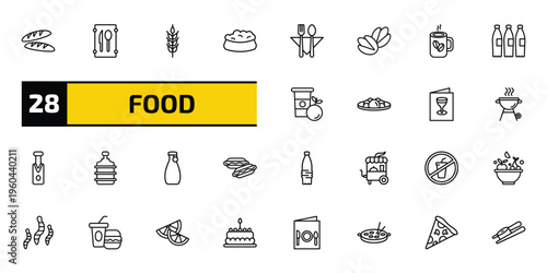 food outline icon set. 28 linear vector for ui, web and mobile. thin line baguette, restaurant, ear of wheat and more icons.